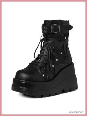 Women's Goth Platform Boots - Chunky Ankle Booties Wedge Heel Vegan PU Leather